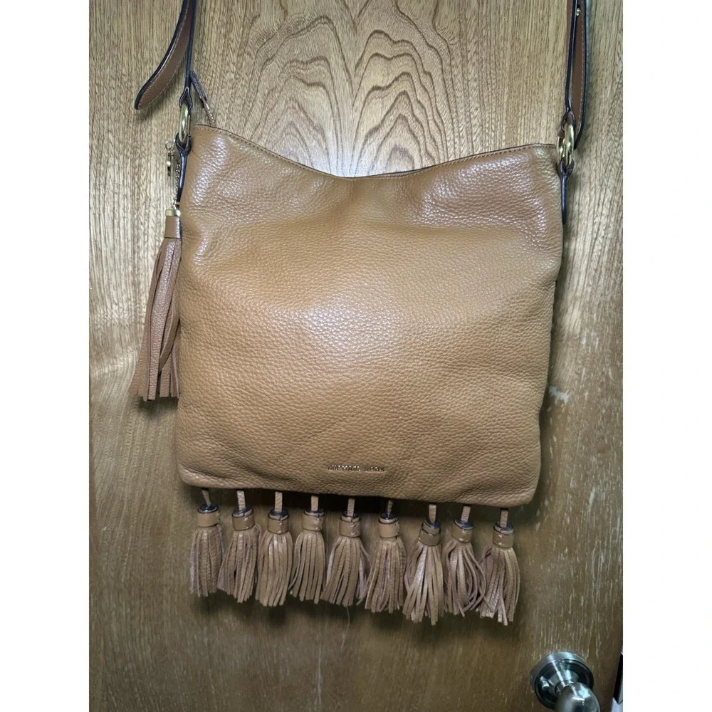 Michael Kors Camel Brown Tasseled Crossbody Purse Braid Strap Design Western